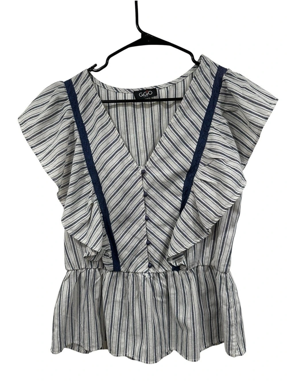 GiGiO Striped Ruffle Front Blouse in White & Blue Like New